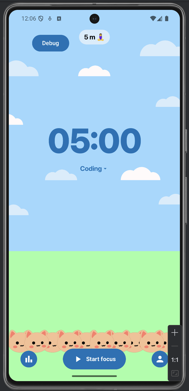 Pomokitten app screenshot showing a 5-minute timer with cute cats at the bottom